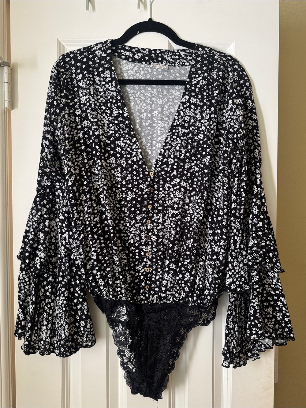 Free People Black and White Floral Button-Front Lace-Trim Bodysuit